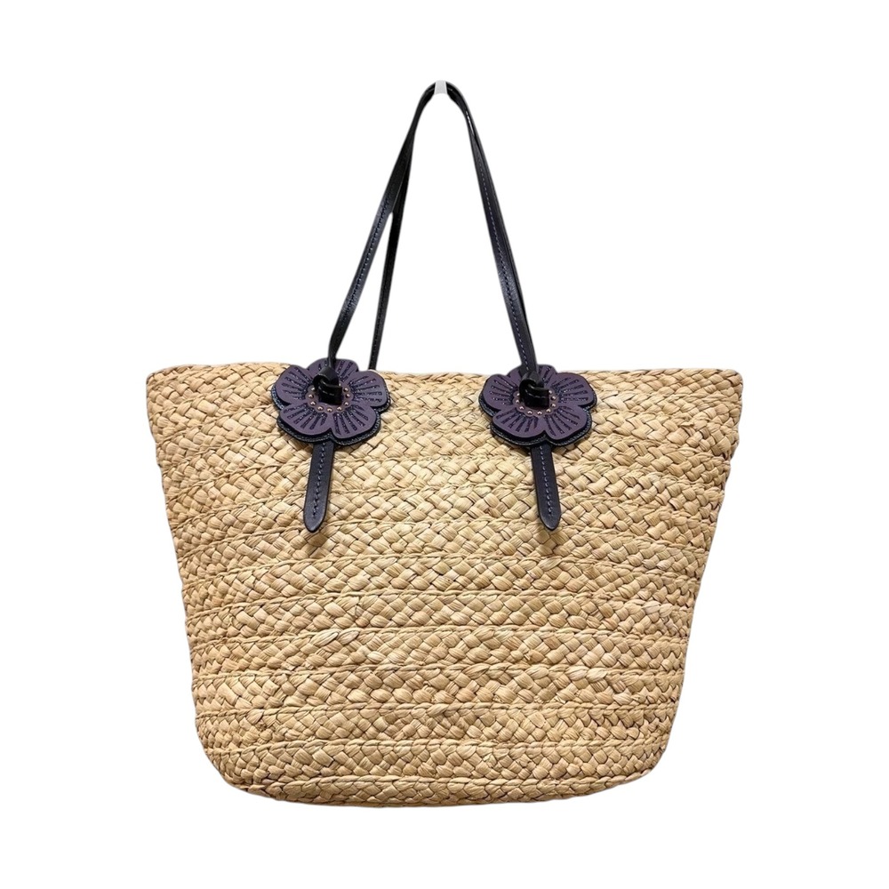 Coach Tea Rose XL Woven Straw Tote Bag Purple Leather Flower NWOT‎ 68610